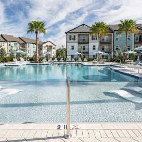 Relax and unwind poolside a swimming pool in front of a building